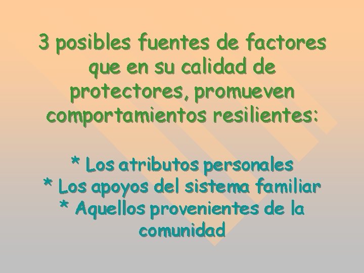 3 posibles fuentes de factores que en su calidad de protectores, promueven comportamientos resilientes: 3 posibles fuentes de factores que en su calidad de protectores, promueven comportamientos resilientes: