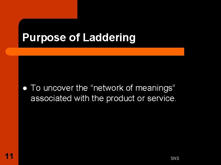 Purpose of Laddering l 11 To uncover the “network of meanings” associated with the