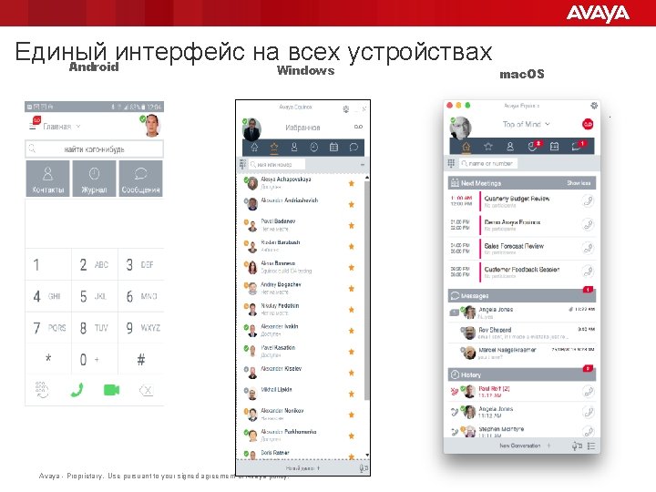 Единый интерфейс на всех устройствах Android Windows Avaya - Proprietary. Use pursuant to your