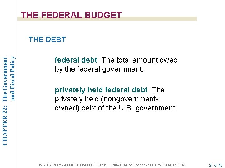 THE FEDERAL BUDGET CHAPTER 22: The Government and Fiscal Policy THE DEBT federal debt