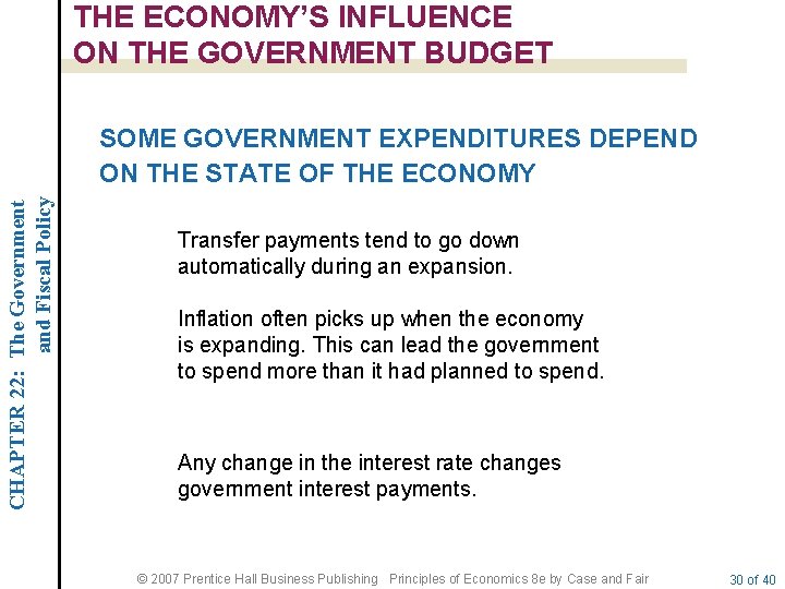 THE ECONOMY’S INFLUENCE ON THE GOVERNMENT BUDGET CHAPTER 22: The Government and Fiscal Policy