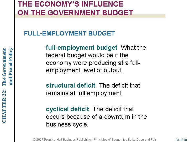 THE ECONOMY’S INFLUENCE ON THE GOVERNMENT BUDGET CHAPTER 22: The Government and Fiscal Policy