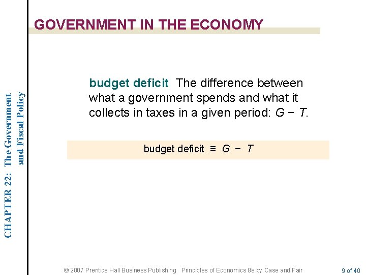 CHAPTER 22: The Government and Fiscal Policy GOVERNMENT IN THE ECONOMY budget deficit The