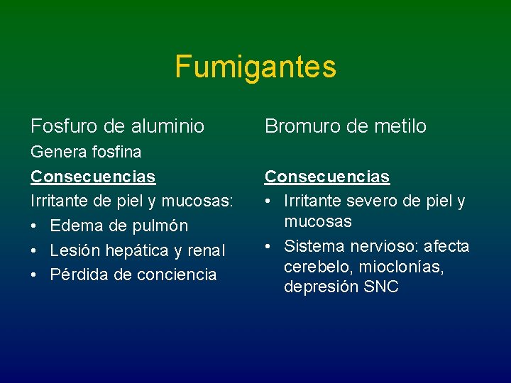 Fumigantes Fosfuro de aluminio Genera fosfina Consecuencias Irritante de piel y mucosas: • Edema