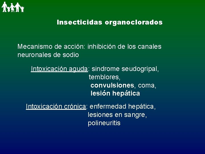 Insecticidas organoclorados Mecanismo de acción: inhibición de los canales neuronales de sodio Intoxicación aguda: