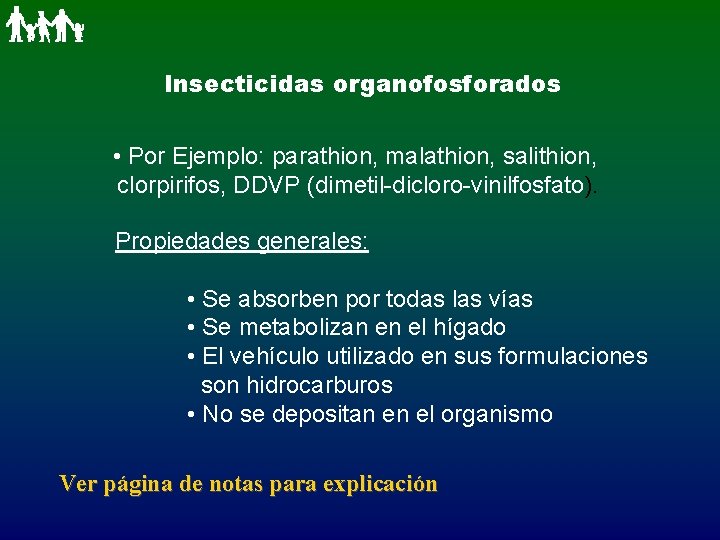 Insecticidas organofosforados • Por Ejemplo: parathion, malathion, salithion, clorpirifos, DDVP (dimetil-dicloro-vinilfosfato). Propiedades generales: •