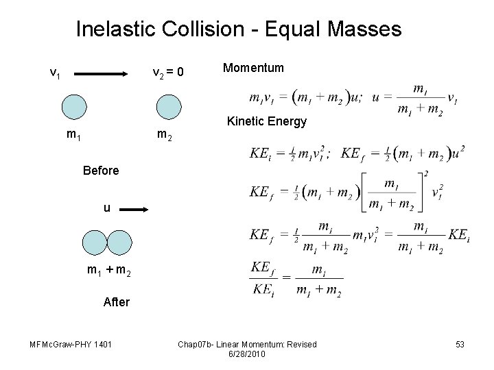 Inelastic Collision - Equal Masses v 1 v 2 = 0 m 1 m