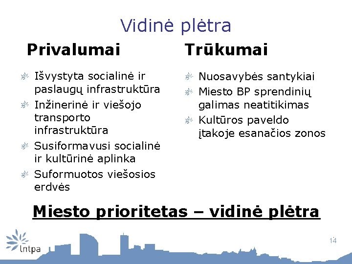 Vidinė plėtra Privalumai Išvystyta socialinė ir paslaugų infrastruktūra Inžinerinė ir viešojo transporto infrastruktūra Susiformavusi