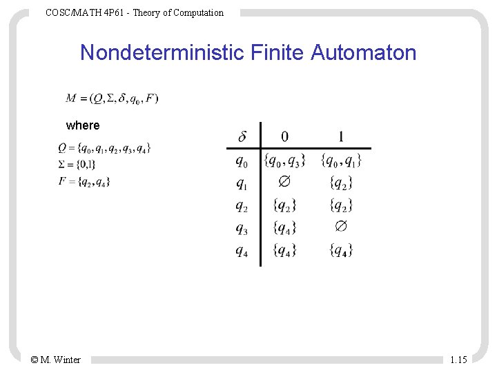 COSC/MATH 4 P 61 - Theory of Computation Nondeterministic Finite Automaton where © M.