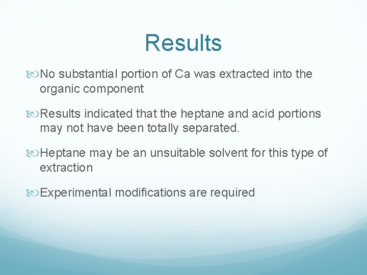 Results No substantial portion of Ca was extracted into the organic component Results indicated