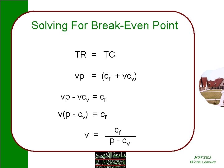 Solving For Break-Even Point TR = TC vp = (cf + vcv) vp -