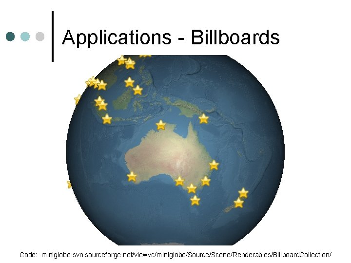 Applications - Billboards Code: miniglobe. svn. sourceforge. net/viewvc/miniglobe/Source/Scene/Renderables/Billboard. Collection/ 