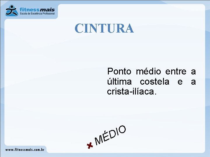 CINTURA Ponto médio entre a última costela e a crista-ilíaca. MÉ O I D CINTURA Ponto médio entre a última costela e a crista-ilíaca. MÉ O I D