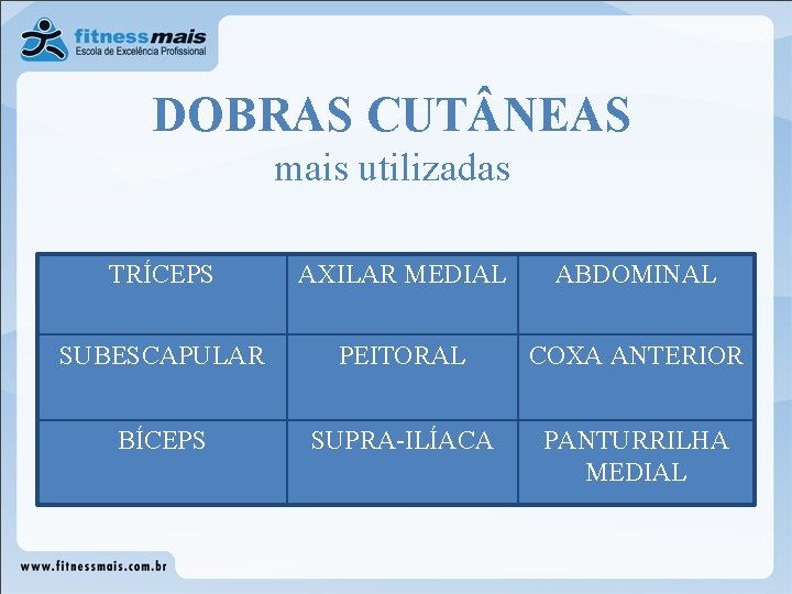 DOBRAS CUT NEAS mais utilizadas TRÍCEPS AXILAR MEDIAL ABDOMINAL SUBESCAPULAR PEITORAL (TÓRAX) COXA ANTERIOR DOBRAS CUT NEAS mais utilizadas TRÍCEPS AXILAR MEDIAL ABDOMINAL SUBESCAPULAR PEITORAL (TÓRAX) COXA ANTERIOR