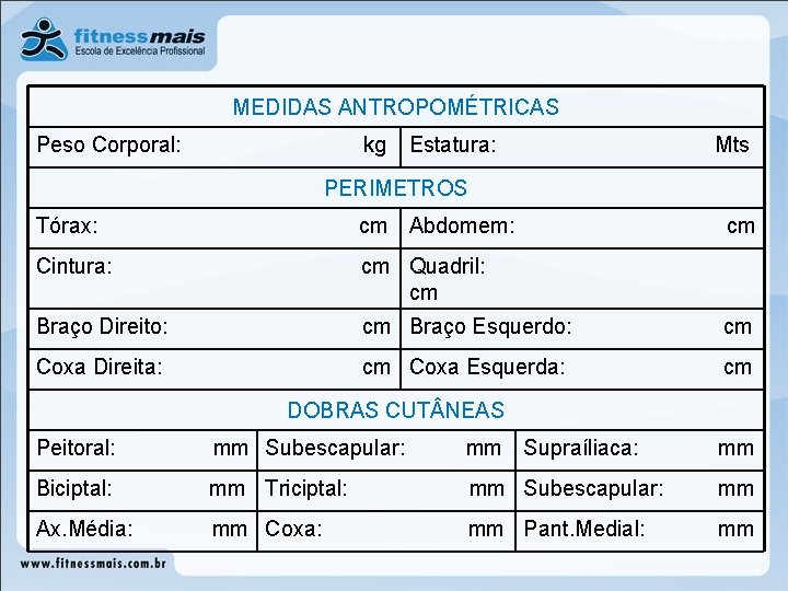 MEDIDAS ANTROPOMÉTRICAS Peso Corporal: kg Estatura: Mts PERIMETROS Tórax: cm Abdomem: cm Cintura: cm MEDIDAS ANTROPOMÉTRICAS Peso Corporal: kg Estatura: Mts PERIMETROS Tórax: cm Abdomem: cm Cintura: cm