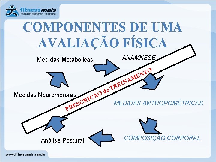 COMPONENTES DE UMA AVALIAÇÃO FÍSICA ANAMNESE Medidas Metabólicas TO N E Medidas Neuromororas à COMPONENTES DE UMA AVALIAÇÃO FÍSICA ANAMNESE Medidas Metabólicas TO N E Medidas Neuromororas Ã