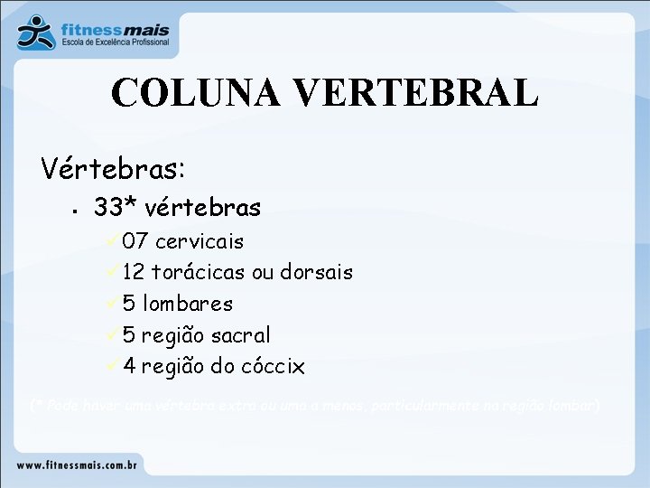 COLUNA VERTEBRAL Vértebras: § 33* vértebras ü 07 cervicais ü 12 torácicas ou dorsais COLUNA VERTEBRAL Vértebras: § 33* vértebras ü 07 cervicais ü 12 torácicas ou dorsais