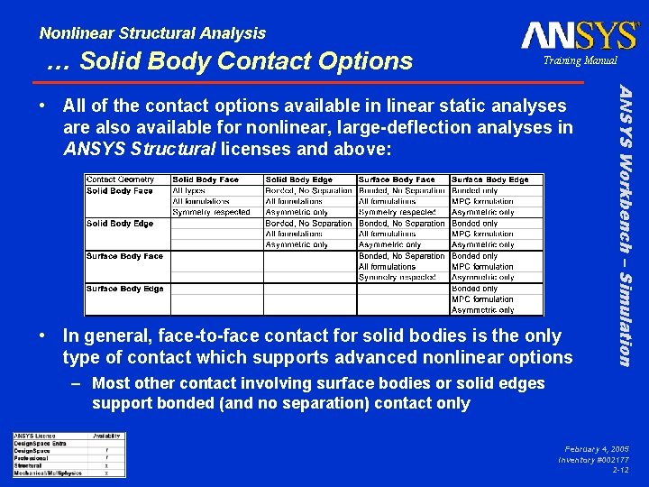 Nonlinear Structural Analysis … Solid Body Contact Options Training Manual • In general, face-to-face