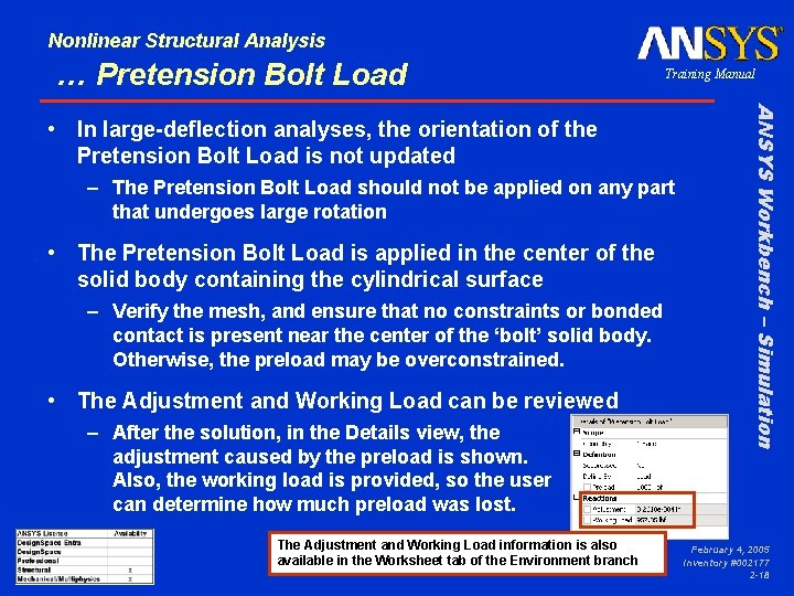 Nonlinear Structural Analysis … Pretension Bolt Load Training Manual – The Pretension Bolt Load