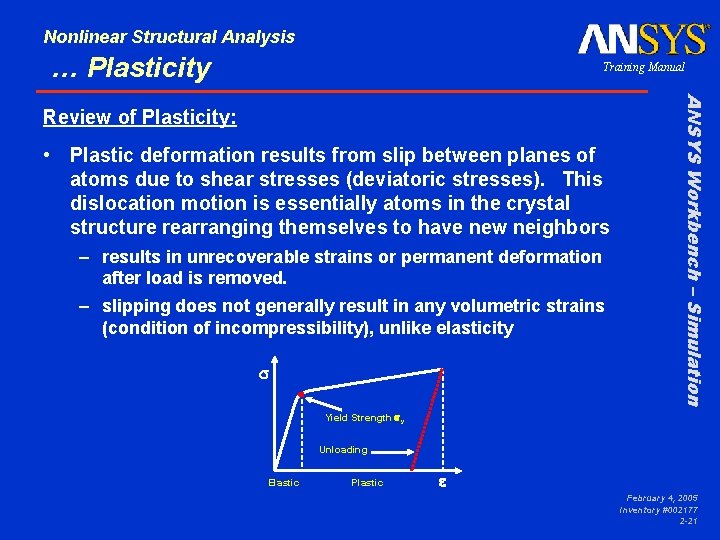 Nonlinear Structural Analysis … Plasticity Training Manual • Plastic deformation results from slip between