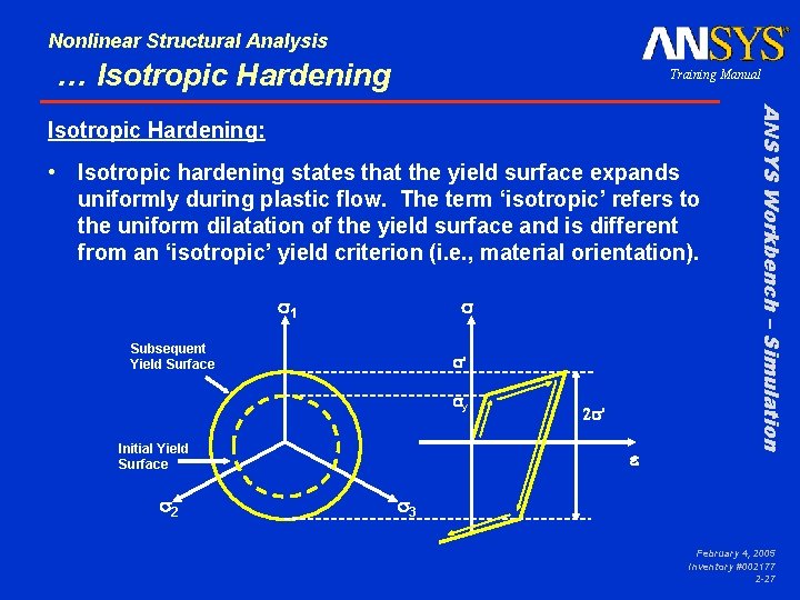 Nonlinear Structural Analysis … Isotropic Hardening Training Manual • Isotropic hardening states that the