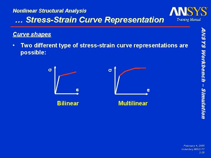 Nonlinear Structural Analysis … Stress-Strain Curve Representation Training Manual • Two different type of