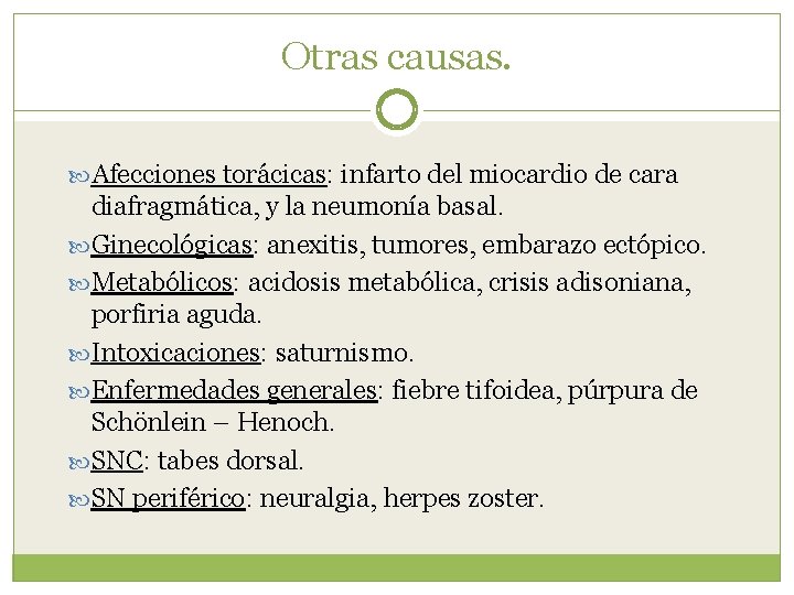 Otras causas. Afecciones torácicas: infarto del miocardio de cara diafragmática, y la neumonía basal.