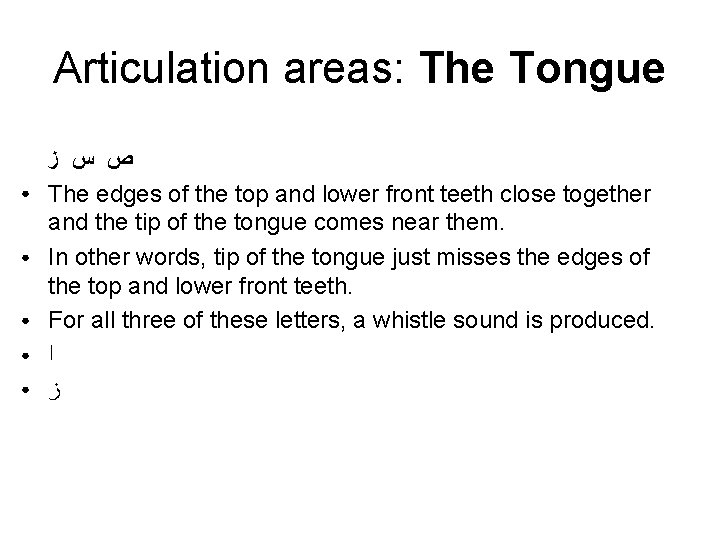 Articulation areas: The Tongue ● ● ● ﺹ ﺱ ﺯ The edges of the Articulation areas: The Tongue ● ● ● ﺹ ﺱ ﺯ The edges of the
