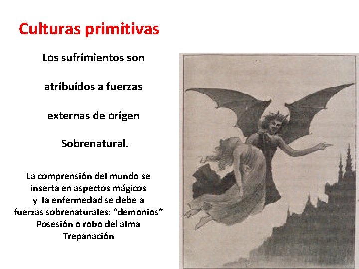 Culturas primitivas Los sufrimientos son atribuidos a fuerzas externas de origen Sobrenatural. La comprensión