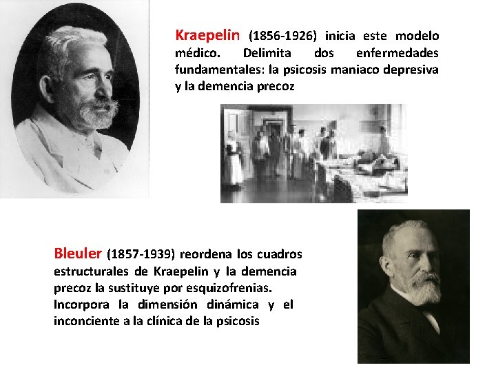 Kraepelin (1856 -1926) inicia este modelo médico. Delimita dos enfermedades fundamentales: la psicosis maniaco