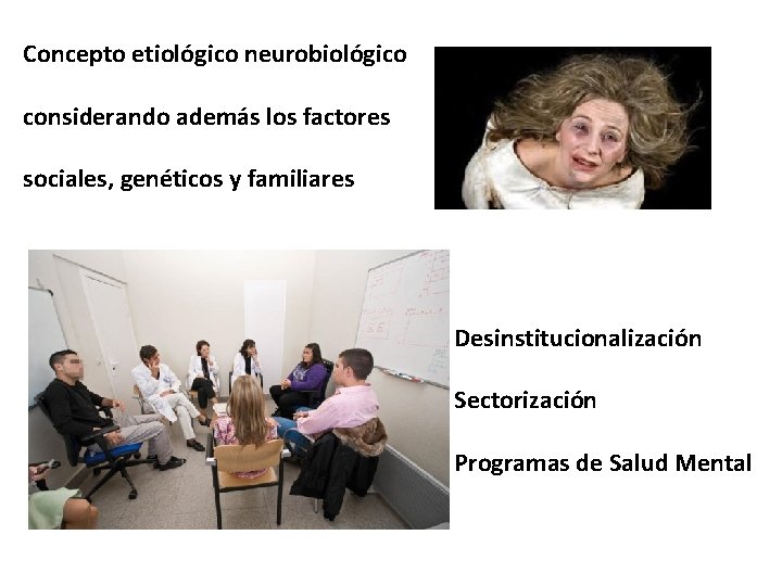 Concepto etiológico neurobiológico considerando además los factores sociales, genéticos y familiares Desinstitucionalización Sectorización Programas