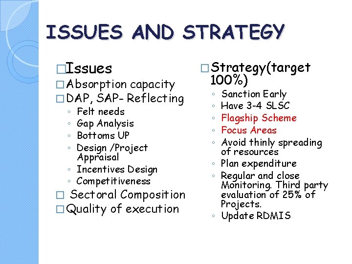 ISSUES AND STRATEGY �Issues � Absorption capacity � DAP, SAP- Reflecting ◦ Felt needs