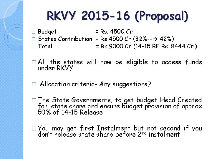 RKVY 2015 -16 (Proposal) Budget = Rs. 4500 Cr � States Contribution = Rs