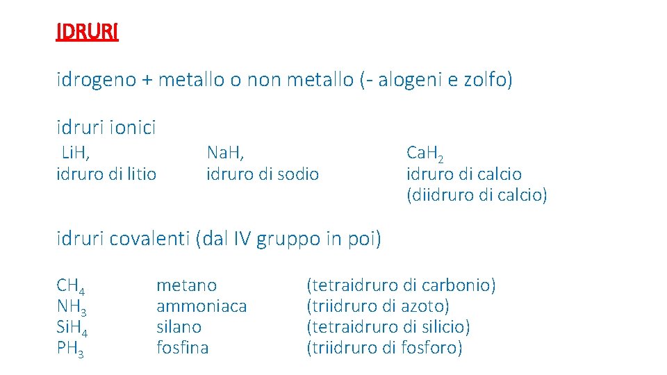 IDRURI idrogeno + metallo o non metallo (- alogeni e zolfo) idruri ionici Li.