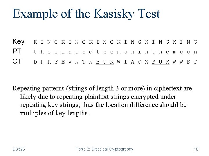 Example of the Kasisky Test Key PT CT K I N G K I