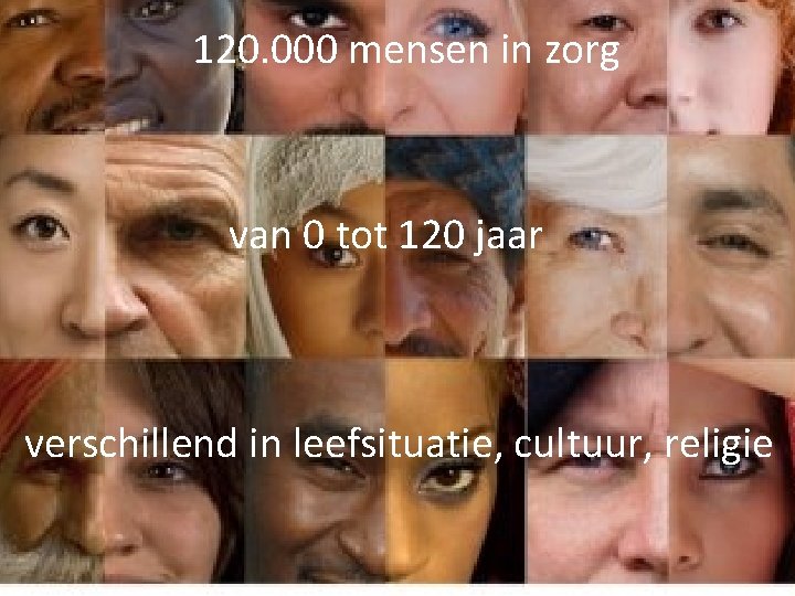 120. 000 mensen in zorg van 0 tot 120 jaar verschillend in leefsituatie, cultuur,