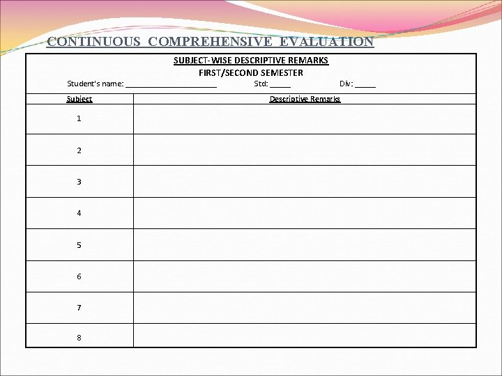 CONTINUOUS COMPREHENSIVE EVALUATION SUBJECT-WISE DESCRIPTIVE REMARKS FIRST/SECOND SEMESTER Student's name: ___________ Std: _____ Div: