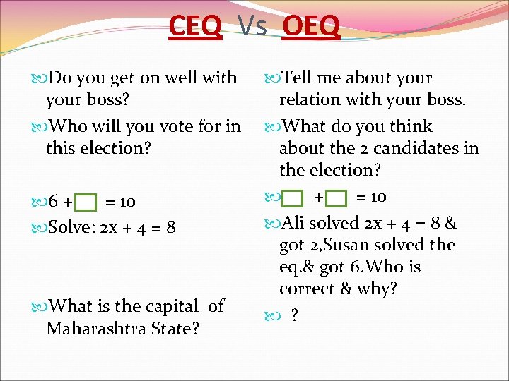 CEQ Vs OEQ Do you get on well with your boss? Who will you