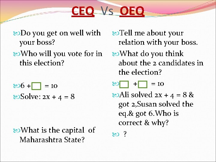 CEQ Vs OEQ Do you get on well with your boss? Who will you