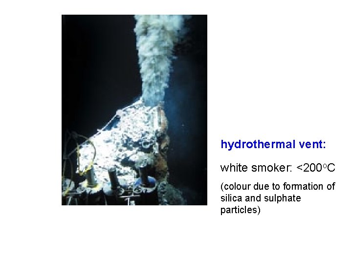 hydrothermal vent: white smoker: <200 o. C (colour due to formation of silica and