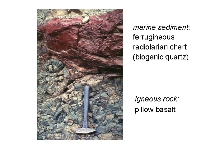 marine sediment: ferrugineous radiolarian chert (biogenic quartz) igneous rock: pillow basalt 