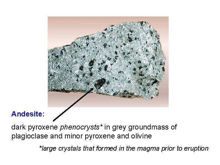 Andesite: dark pyroxene phenocrysts* in grey groundmass of plagioclase and minor pyroxene and olivine