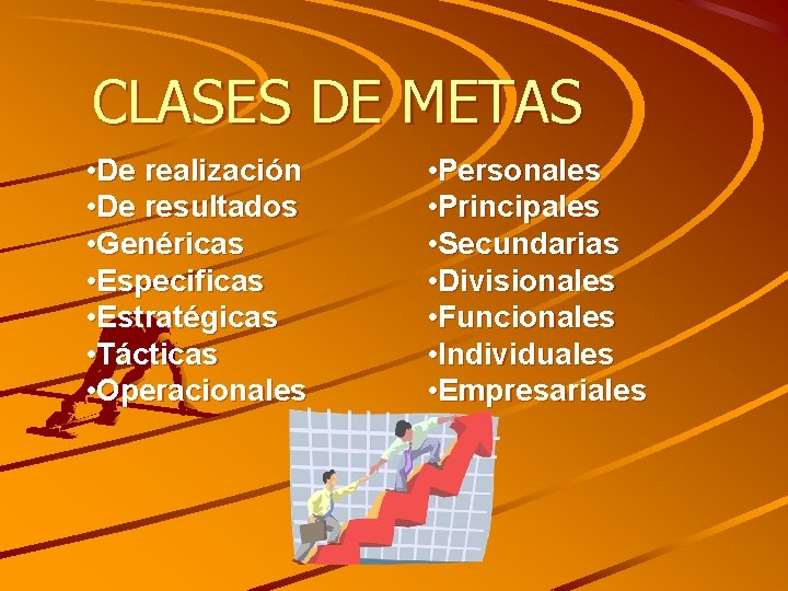 CLASES DE METAS • De realización • De resultados • Genéricas • Especificas •