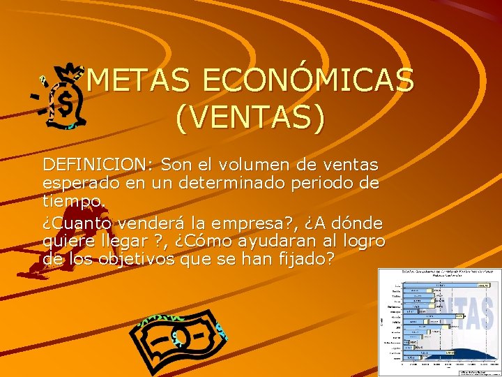 METAS ECONÓMICAS (VENTAS) DEFINICION: Son el volumen de ventas esperado en un determinado periodo