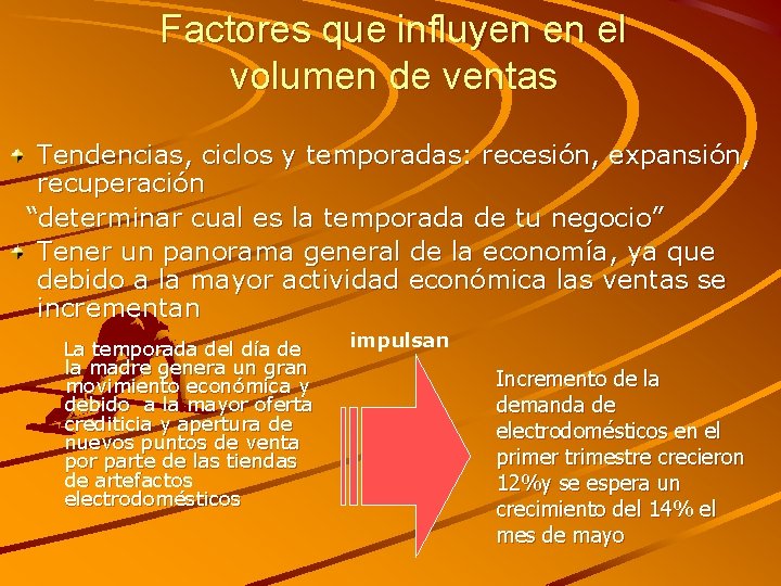 Factores que influyen en el volumen de ventas Tendencias, ciclos y temporadas: recesión, expansión,
