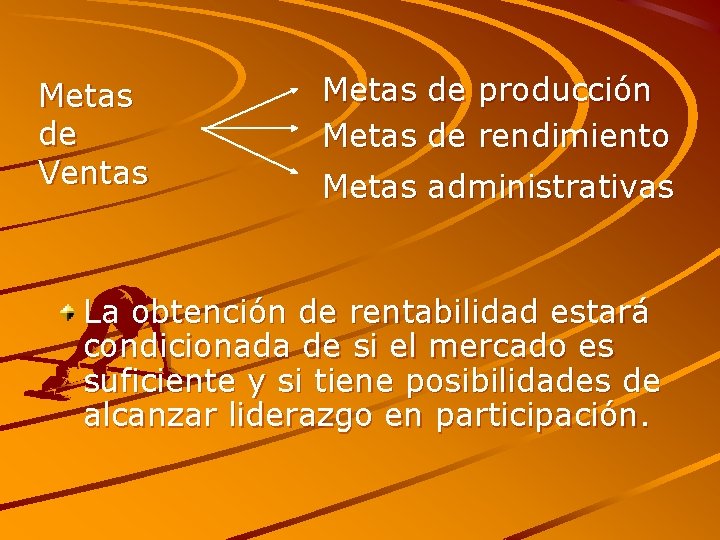 Metas de Ventas Metas de producción Metas de rendimiento Metas administrativas La obtención de
