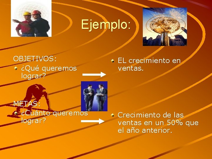 Ejemplo: OBJETIVOS: ¿Qué queremos lograr? METAS: ¿Cuánto queremos lograr? EL crecimiento en ventas. Crecimiento