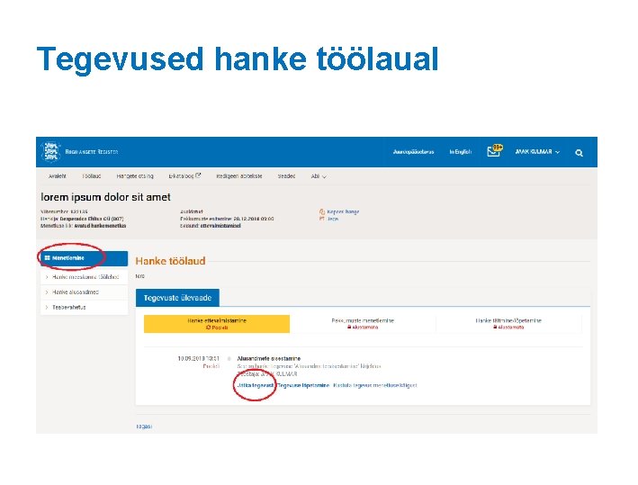 Tegevused hanke töölaual 