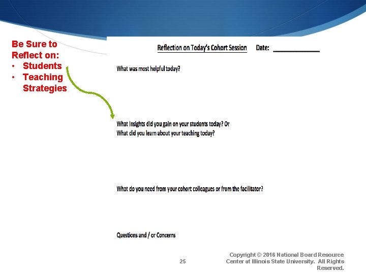 Be Sure to Reflect on: • Students • Teaching Strategies 25 Copyright © 2016