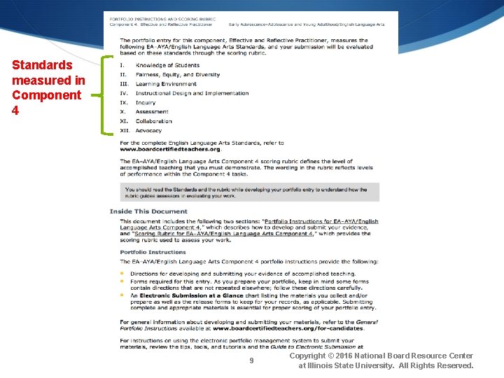 Component 4 Standards measured in Component 4 9 Copyright © 2016 National Board Resource